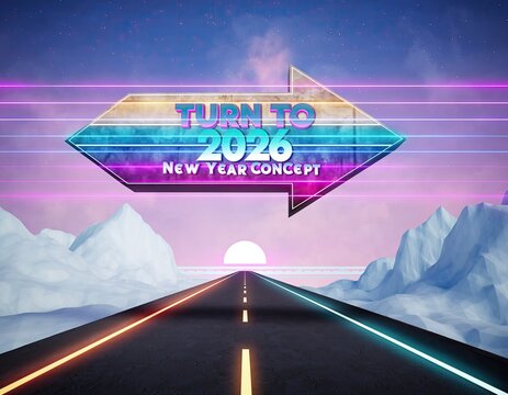 Retro 2026 new year sunrise road to success concept