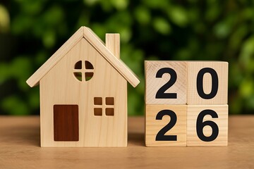  A wooden house model beside wooden blocks showing 2026. A calm and warm real-estate or home planning concept for the new year.