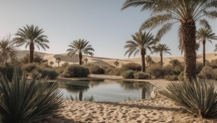 Serene desert oasis with a tranquil pond and palm trees.