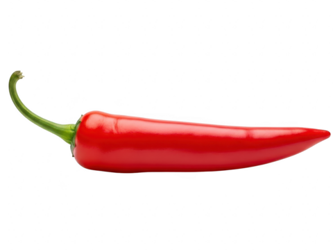 Single bright red chili pepper with a green stem, isolated on transparent background for easy use in food design and culinary projects