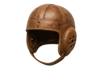 Vintage american football helmet made of brown leather presenting retro sports equipment and historical athletic protection