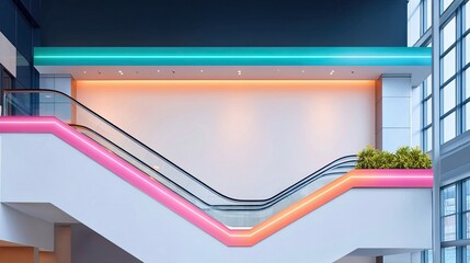 A modern interior with a neon-lit escalator, featuring a minimalist design and vibrant colors.