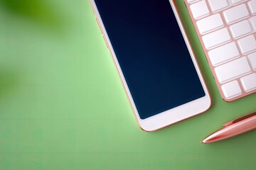 A smartphone, keyboard, and pen are arranged on a green surface, viewed from above. The composition is minimalist and modern.