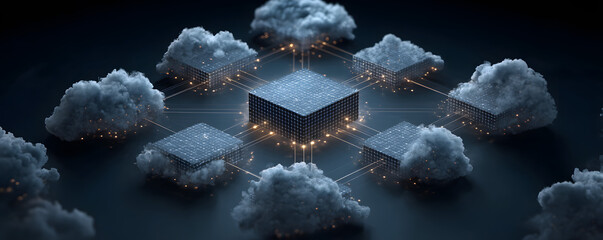 A digital illustration of a centralized data storage unit surrounded by network nodes, symbolizing cloud computing and data management.