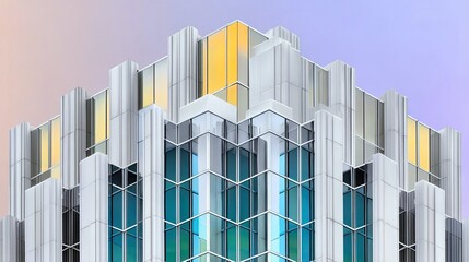 Close-up of a modern building facade featuring a geometric design, glass windows, and a colorful gradient sky in the background.