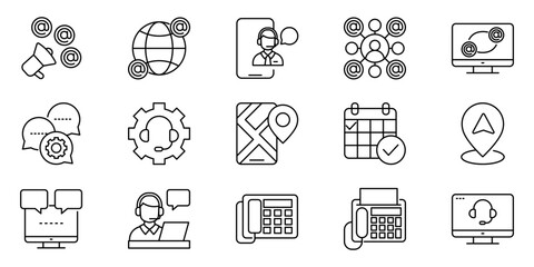 Diverse set of linear icons illustrating effective customer service, global communication, business support, and contact center operations for modern enterprises