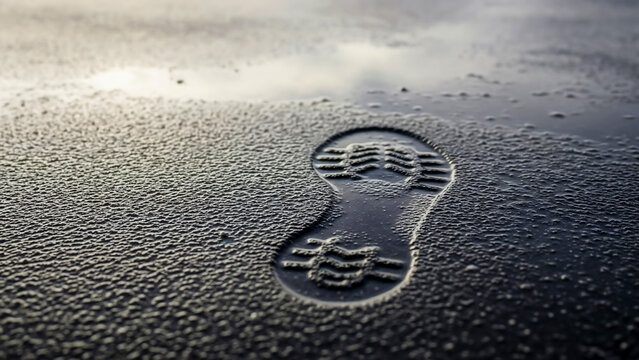 Single footprint on wet asphalt symbolizing presence and transience