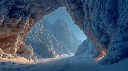 Stunning Snow-Covered Mountain Cave with Majestic Winter Landsca