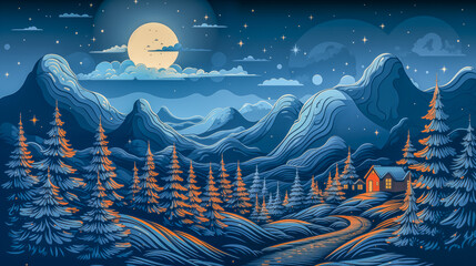 Scenic Winter Night Landscape with Cabin and Starry Sky in Seren