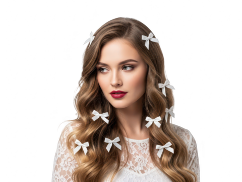 Beautiful young woman with long wavy brown hair decorated with small white bows isolated on transparent background