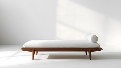 A minimalist, modern chaise lounge with a sleek wooden frame