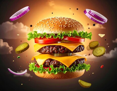 Floating double cheeseburger with fixings on warm background
