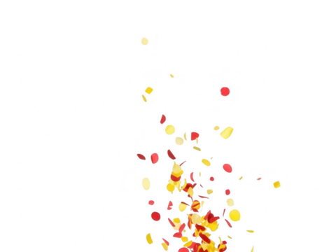Colorful confetti explosion rising upwards with red and yellow paper pieces isolated on transparent background for celebration