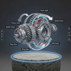 Detailed 3D Render of an Automotive Differential Gear Mechanism with Labeled Components and Motion Arrows