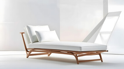 A minimalist, modern chaise lounge with a sleek wooden frame