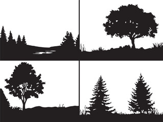 Fototapeta premium A beautiful set of four simple meadow landscape silhouette vector icons