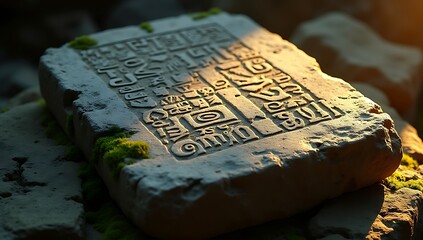 Fototapeta premium Ancient stone tablet with mysterious symbols, chipped edges, mossy texture, warm golden rim light, deep shadowy backdrop