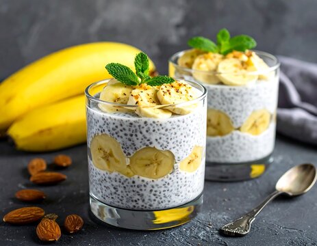 Two glass servings of a layered dessert, topped with sliced bananas, seeds, mint, and a sprinkle. Whole bananas and almonds