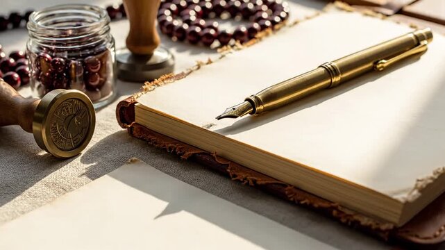 Vintage Notebook with Pen and Stamp on a Wooden Table.
