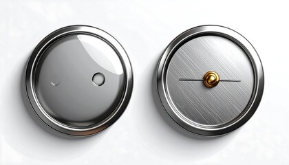Two metallic circular objects with contrasting designs, one reflective, the other featuring a horizontal line and a spherical element