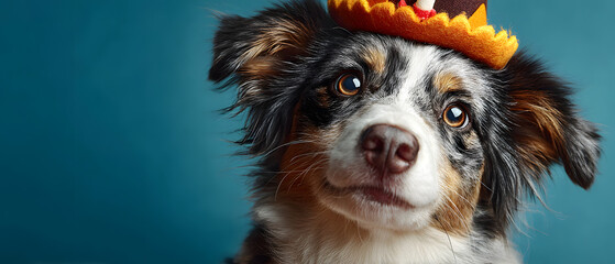Dog wearing self made paper party hat with Thanksgiving turkey. Background for holiday card or banner. Festive canine celebrates autumn feast donning handcrafted headgear ideal backdrop
