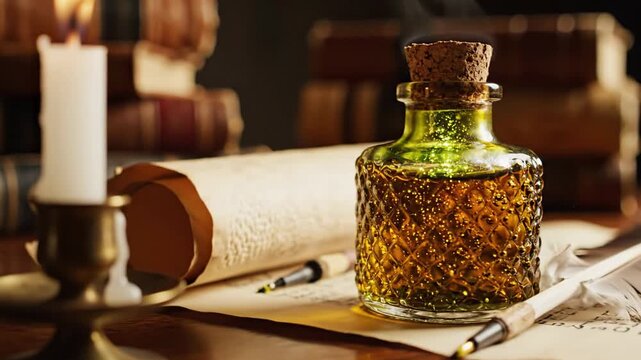 Vintage Desk with Candle Ink Bottle and Parchment Scroll.