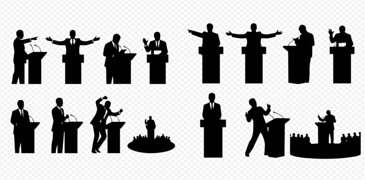 Collection of diverse silhouettes depicting public speakers and politicians at podiums and addressing crowds.