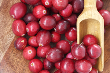 Fresh Red Cranberries In Wooden Scoop On Rustic Wood Board For Holiday Cooking