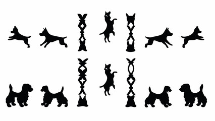 Playful puppy silhouettes in a seamless pattern for delightful pet themed designs, perfect for textiles, wallpaper, and branding with a modern, fun style