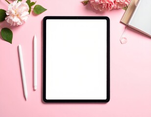 Digital tablet surrounded by flowers, pens, and book