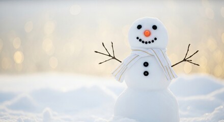 Obraz premium A cheerful snowman with coal eyes carrot nose stick arms and striped scarf stands in soft snow Golden bokeh lights glow