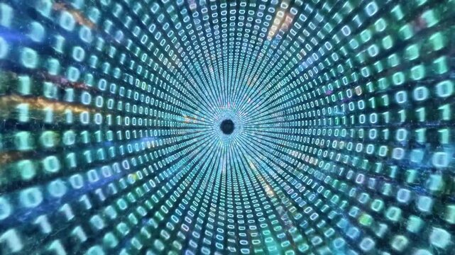 Digital tunnel of binary code converging to a black hole. Data streams within a neon space
