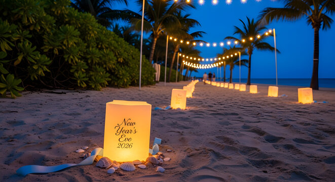 New Year's Eve 2026 celebration on a tropical beach at night with glowing lanterns and string lights, for holiday greetings and travel concepts.