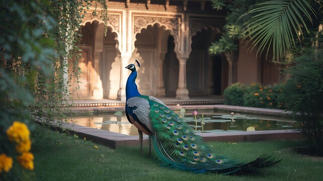 Mughal garden forest wallpaper with palace, domes, peacock, palm trees and floral plants illustration - Powered by Adobe