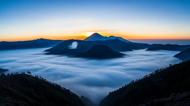 Spectacular Mount Bromo Sunrise View with Sea of Clouds and Volcanoes in Indonesia