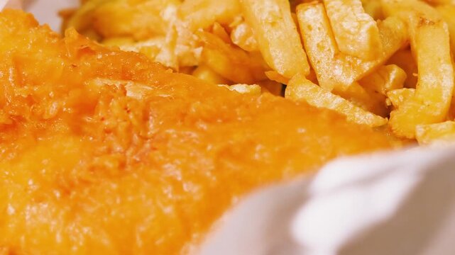 Close Up Overview of Classic British Fish and Chips Takeaway with Rustic Style and Crispy Golden Batter. Traditional Cuisine in UK.