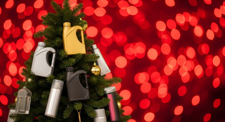 Christmas tree decorated with motor oil canisters and automotive product containers, a creative concept for holiday advertising in the auto industry with a festive red bokeh background.