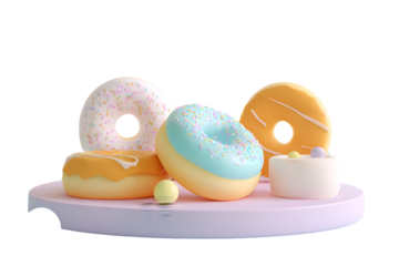 Abstract Display of Donuts and Colorful Geometric Shapes, isolated on transparent background