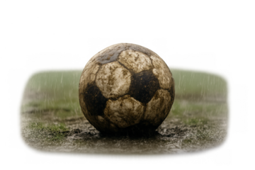 Muddy, old soccer ball resting on wet grass as rain falls, symbolizing resilience and the raw passion of the game. Transparent background
