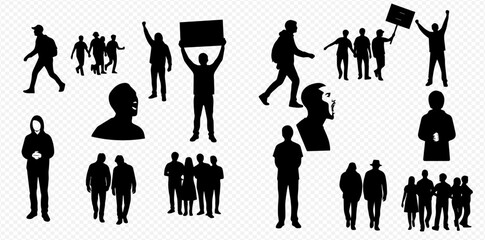 Silhouettes of diverse people and groups, including protesters holding signs, walking, and standing, representing various social interactions and public gatherings.