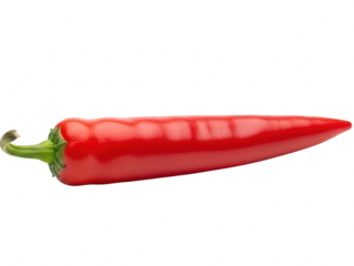 A single vibrant red chili pepper with a green stem, isolated on transparent background, perfect for culinary or spice themes
