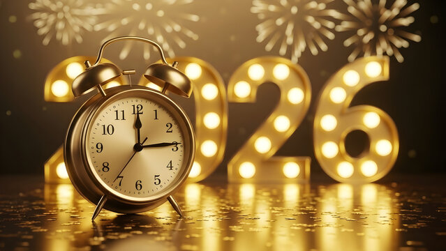 Golden alarm clock counting down to midnight for New Year 2026, with marquee lights and fireworks, for holiday greetings and festive event promotions.