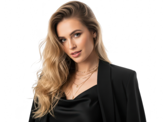 Portrait of a beautiful young woman with long wavy blonde hair wearing a black blazer and silk top isolated on transparent background