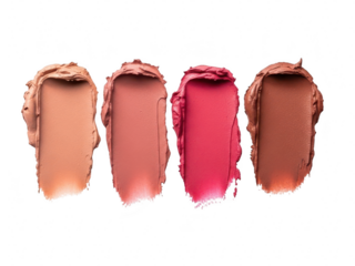 Four vibrant swatches of cosmetic cream texture in shades of nude, pink, and brown, isolated on transparent background
