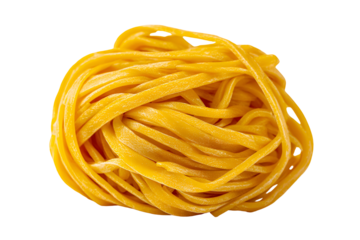 Uncooked Bright Yellow Fettuccine Pasta Noodle Nest Close-up, isolated on transparent background