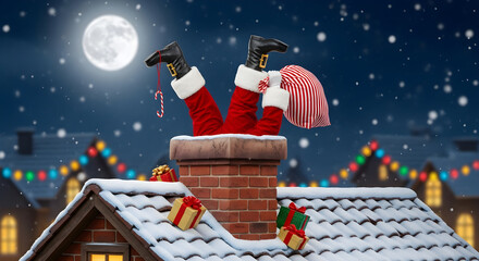 Santa Claus stuck in a chimney on a snowy Christmas Eve night, a humorous holiday scene for festive cards and advertisements.