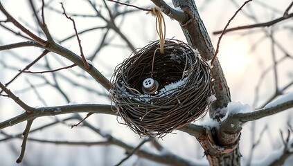 A birds nest hangs from a tree branch covered in snow, a symbol of winter and the natural world christmas