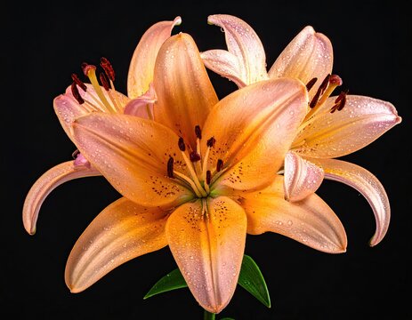 Peach lilies bloom, black backdrop, water drops on petals