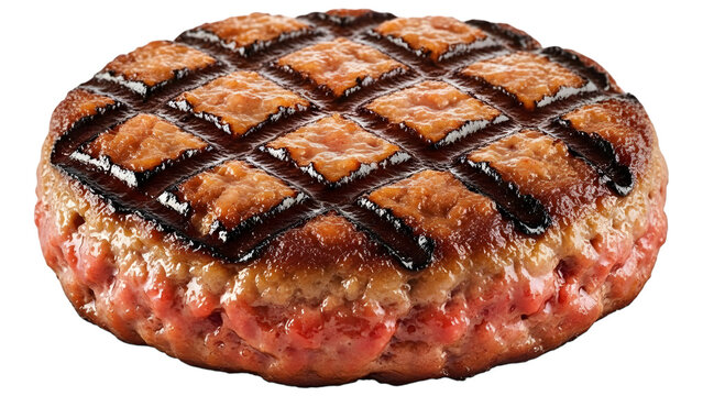 Grilled burger patty with diamond pattern isolated on transparent background