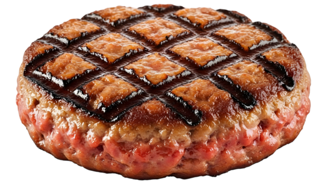 Grilled burger patty with diamond pattern isolated on transparent background